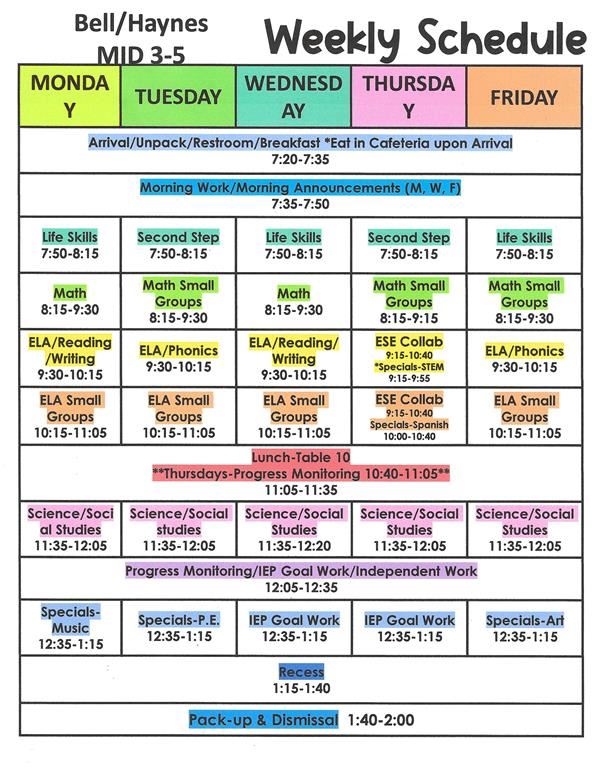 Class Daily Schedule for 24-25 school year