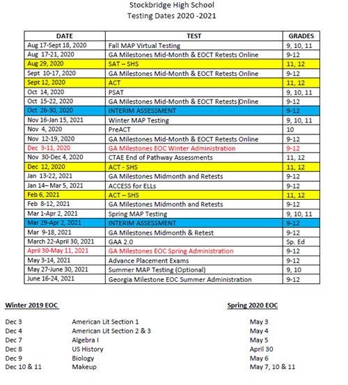 SHS 2020-2021 Testing Calendar 