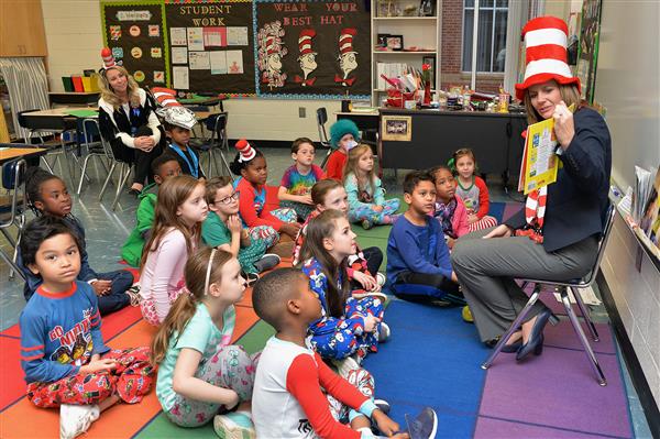 Participating in Read Across America Day with students at Timber Ridge Elementary